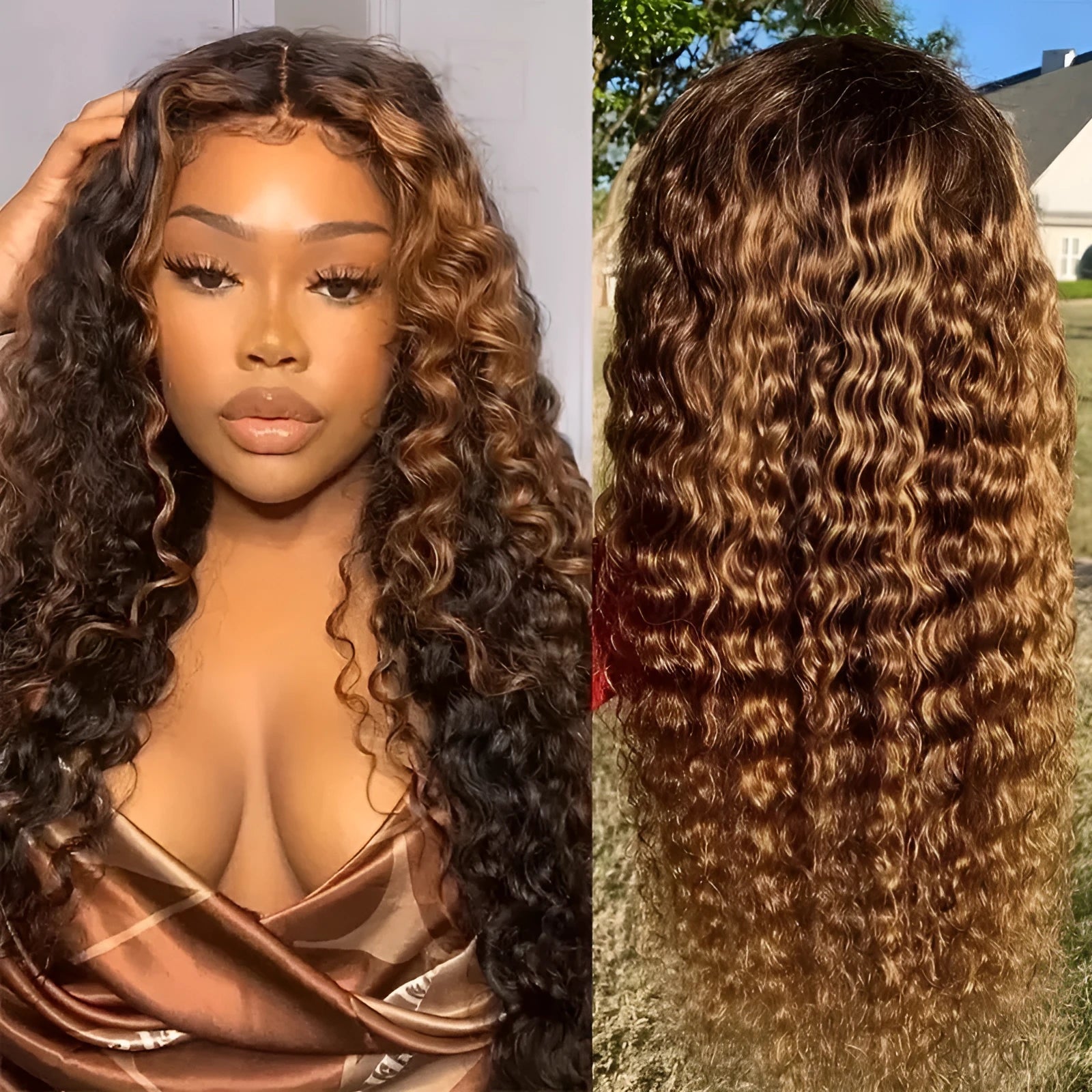 Lace wig with long curly gradient highlight hair in medium small volume, light gold colour