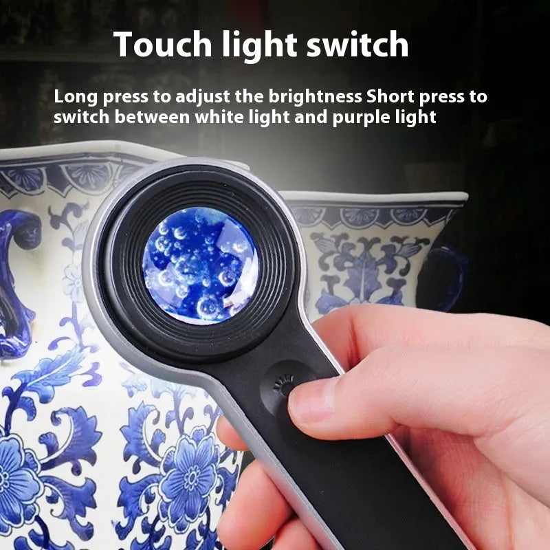 60x LED magnifying glass with USB charging, silver finish, showing 30mm lens and button control