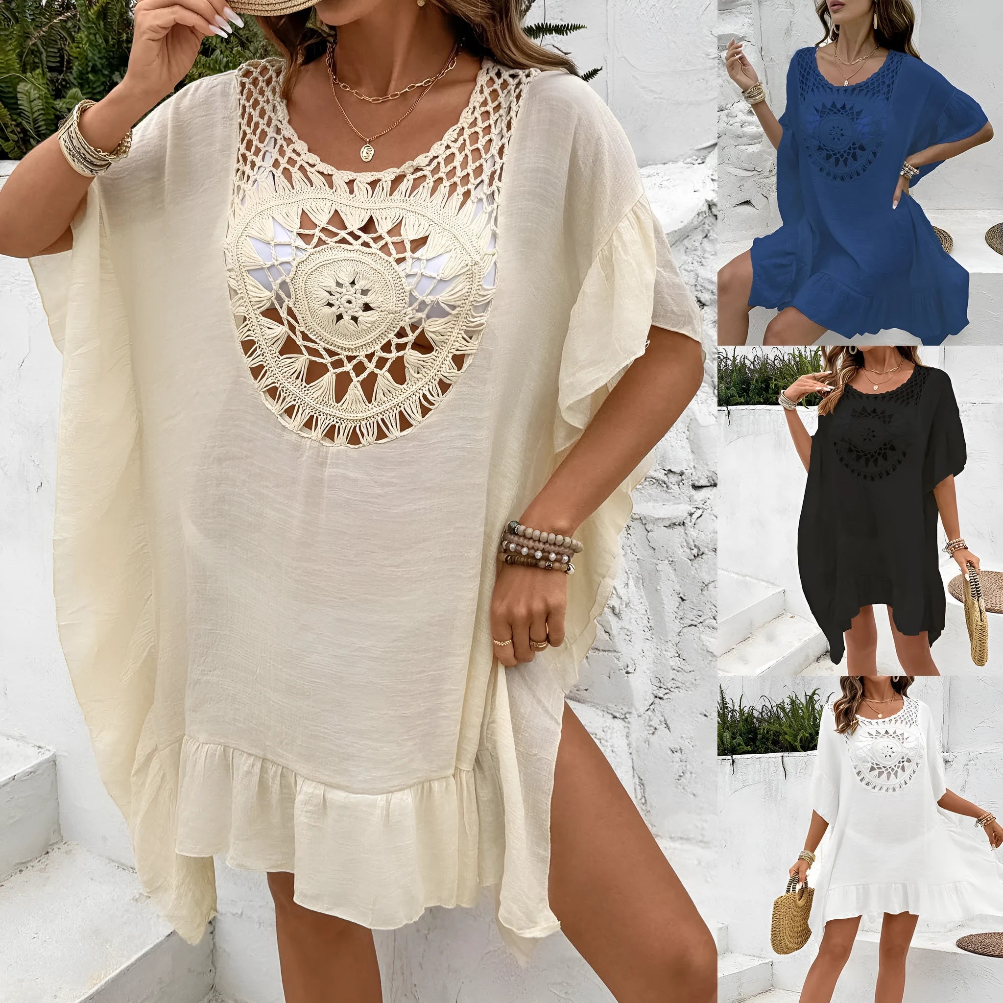 Crochet stitching tassel dress swimsuit cover-up in a free size patchwork skirt style.