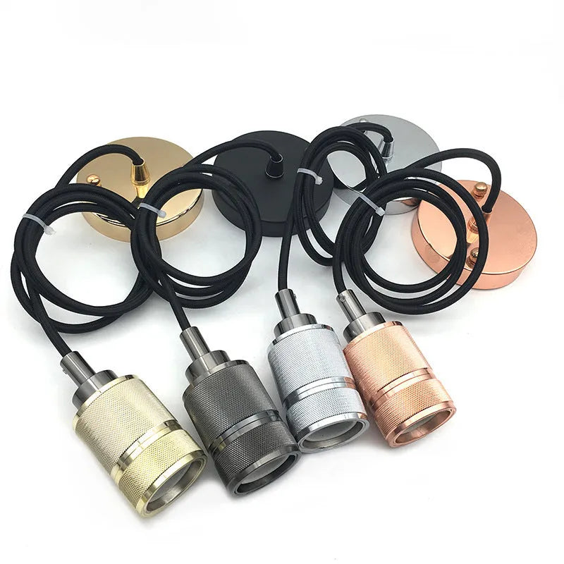 DIY retro chandelier ceiling light kit showing metal lamp holders and woven black cord.