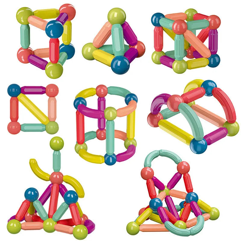Magnetic building blocks set with 25-64 colourful ABS plastic pieces in a box