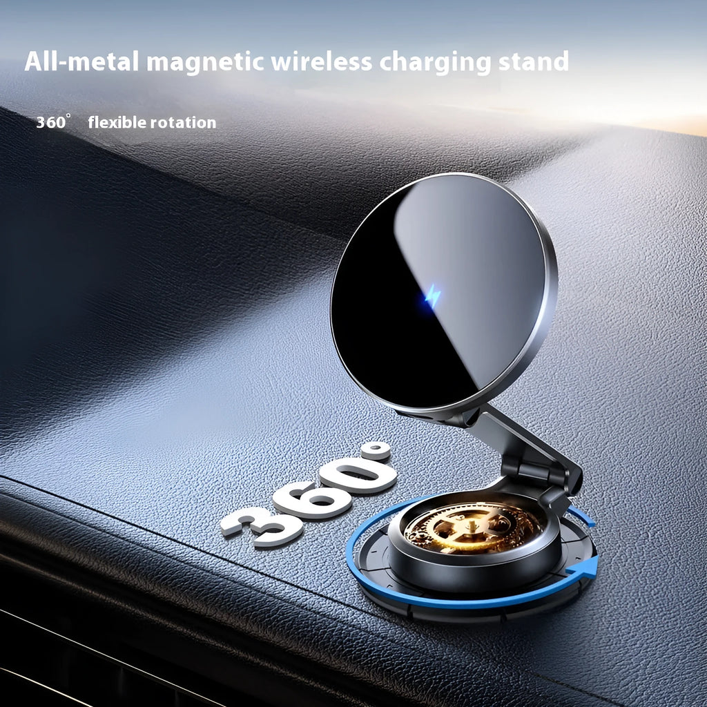 Black zinc alloy wireless charging car phone mount attached to a windscreen