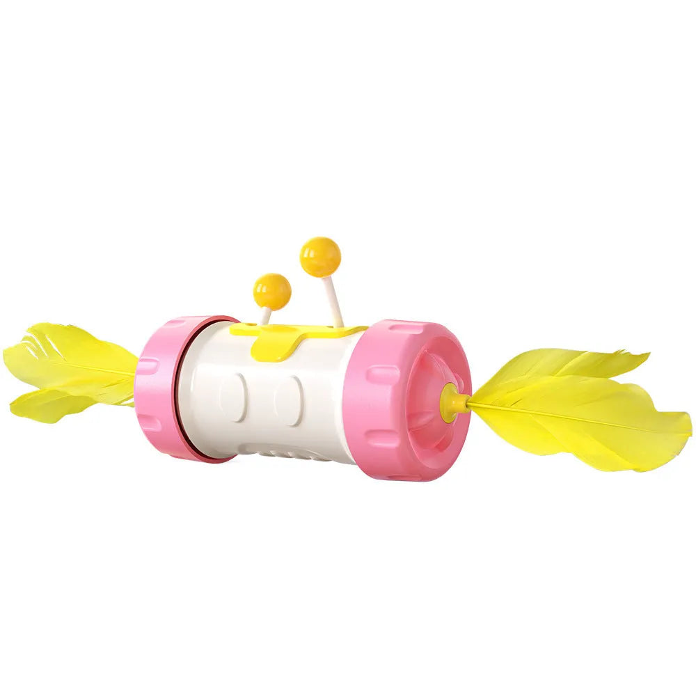 Cat toy stick pole with colourful tumbler feather ball dangling from nylon string