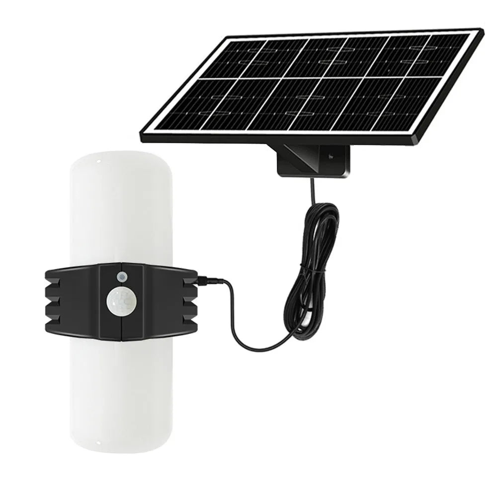 Black outdoor solar motion sensor floodlight with abstract design mounted on a wall bracket.
