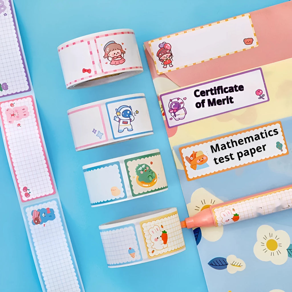 Roll of cartoon name tape stickers showing dinosaur, astronaut, rabbit, and girl design options