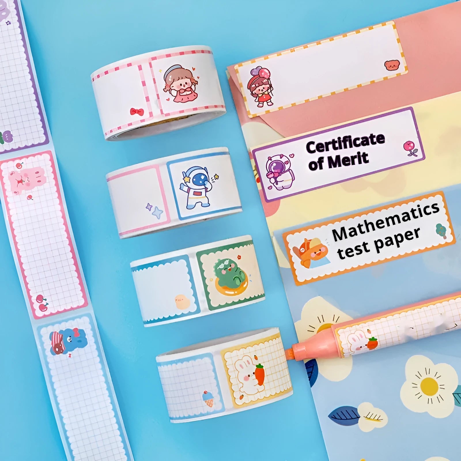 Roll of cartoon name tape stickers showing dinosaur, astronaut, rabbit, and girl design options