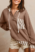 Straw yellow waffle texture striped hoodie with a button neck and drawstring hood.