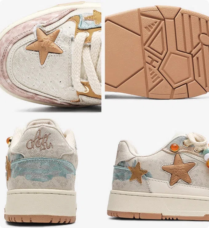 High-end platform sneakers with star pattern in pink, lace-up fabric upper, sizes 36-44