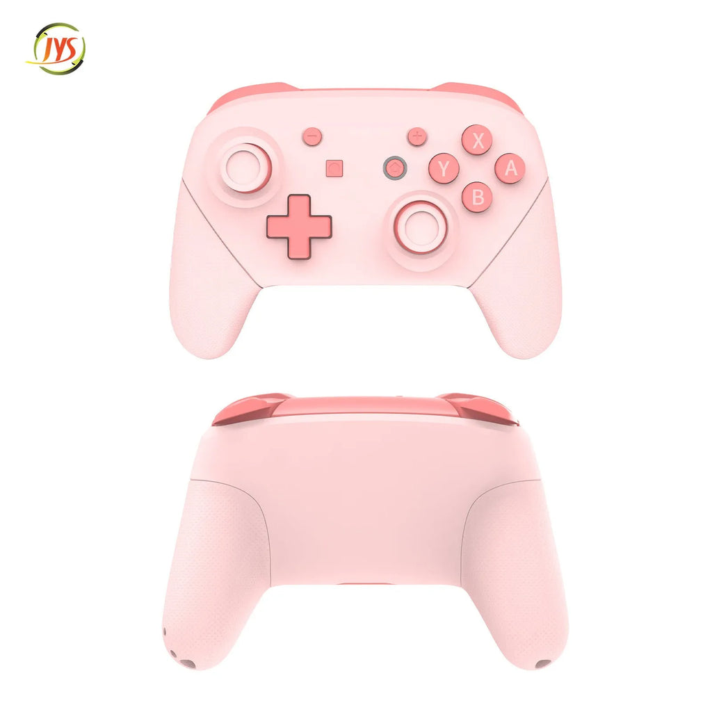 Wireless game controller in pink with USB charging cable, compatible with Switch PC Tesla