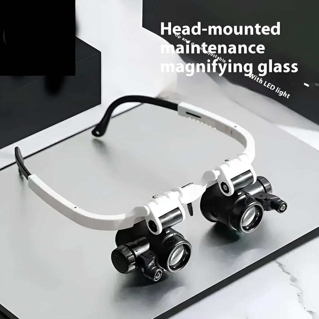 White head-mounted magnifying glass with LED light, shown folded and unfolded for watch repair work.