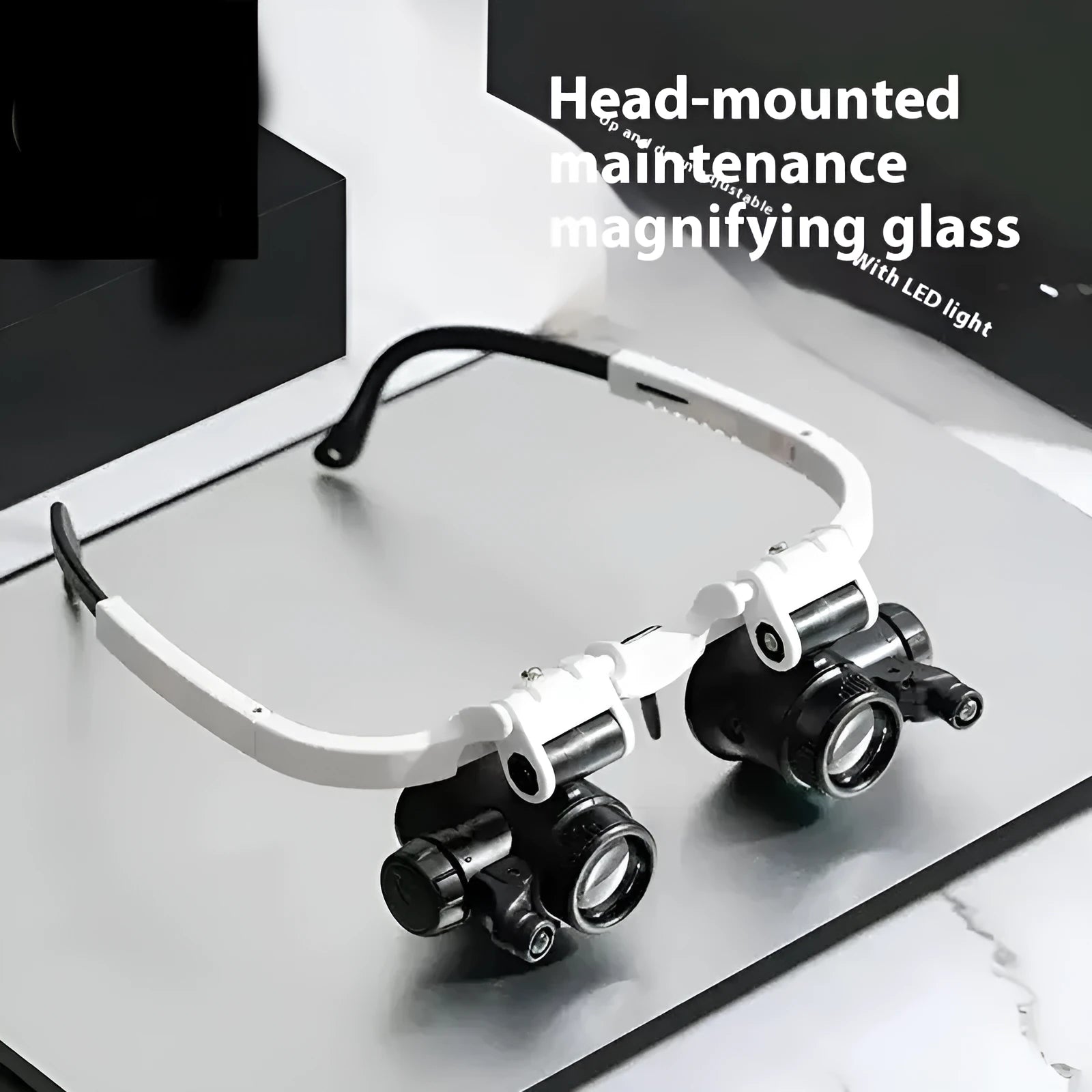 White head-mounted magnifying glass with LED light, shown folded and unfolded for watch repair work.