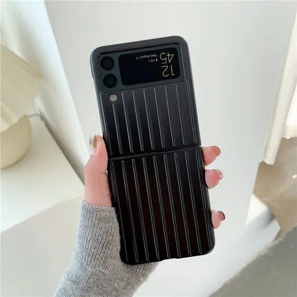 Samsung Z Flip3 folding phone in a slim, solid-colour flip case showing front and back views.