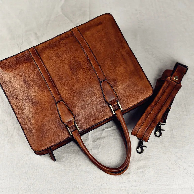 Men's brown leather business handbag with horizontal square design and zipper opening