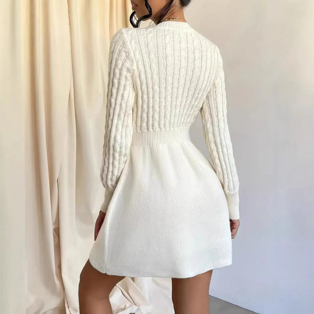 Korean-style waist-defining dress with round neck and twisted knit base in cream colour
