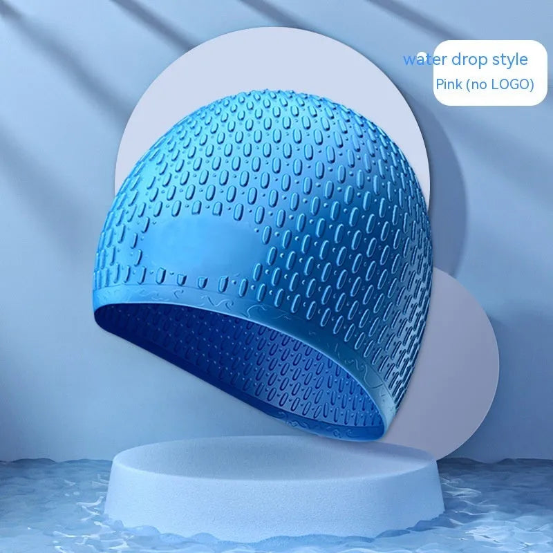 Silicone water drop swimming cap for adults in various solid colours on white background