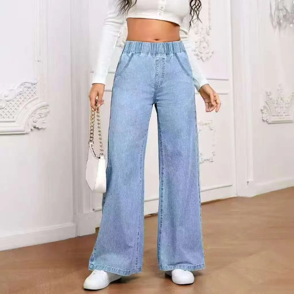 Light blue washed wide-leg denim trousers with straight silhouette and zip-fly placket