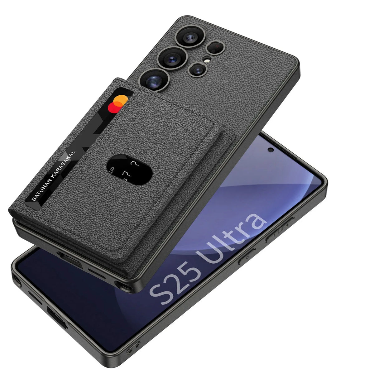 Built-in wireless charger magnetic split wallet phone case with stand for Samsung S24Ultra in plain leather frosted finish, Titanium Black colour