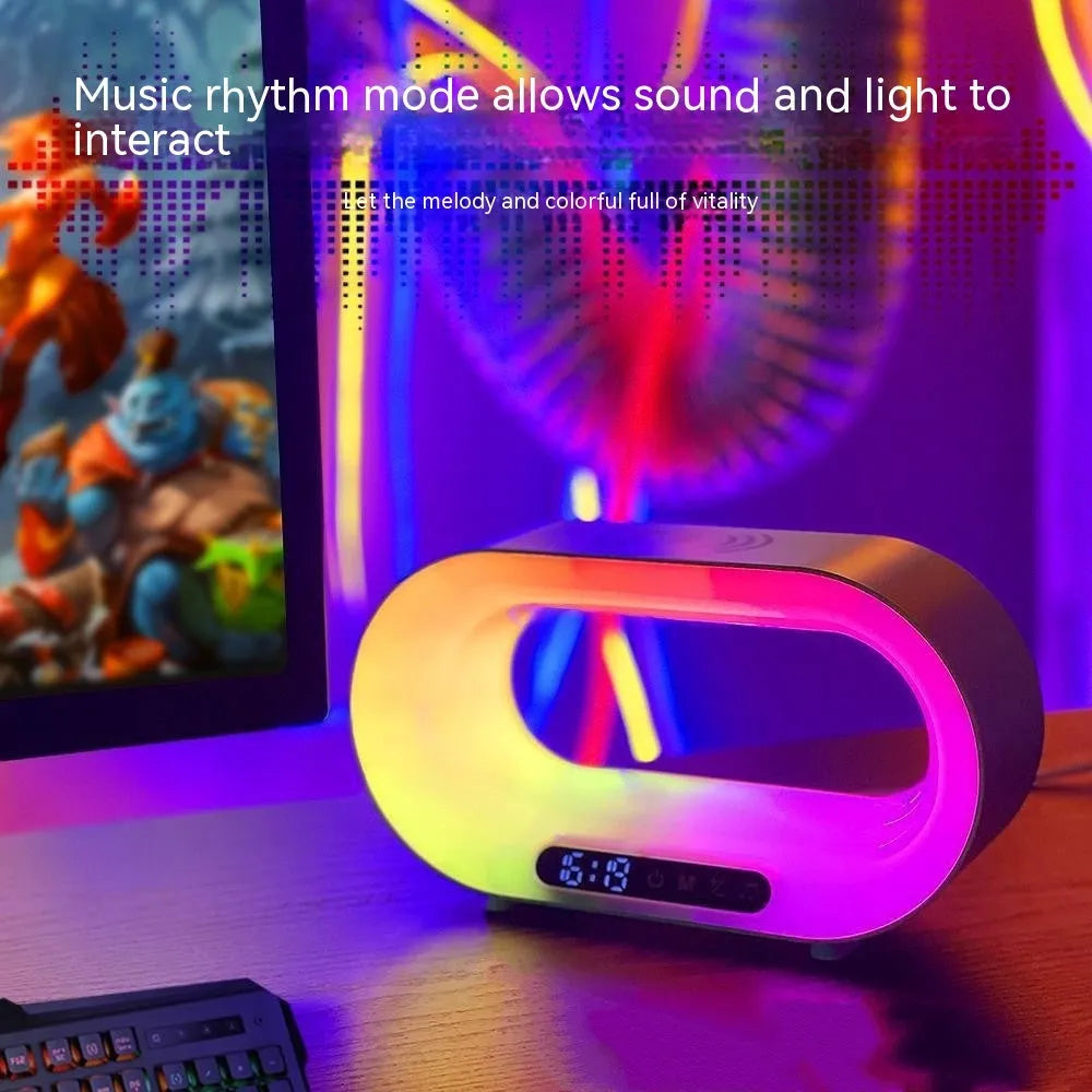 White smart desk lamp with wireless charging pad, alarm clock display, and RGB lighting measuring 23.8 x 7.8 x 13.5 cm
