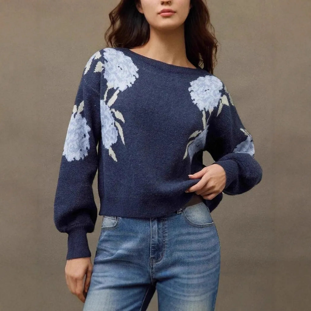 Sapphire blue women's loose pullover with off-neck and flower jacquard design