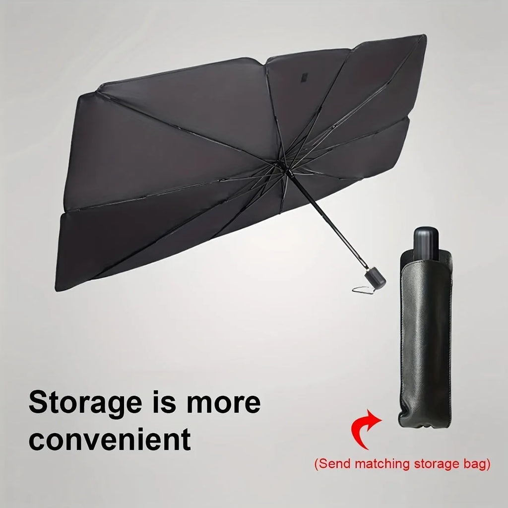 Foldable car windscreen sunshade umbrella open on a vehicle windscreen