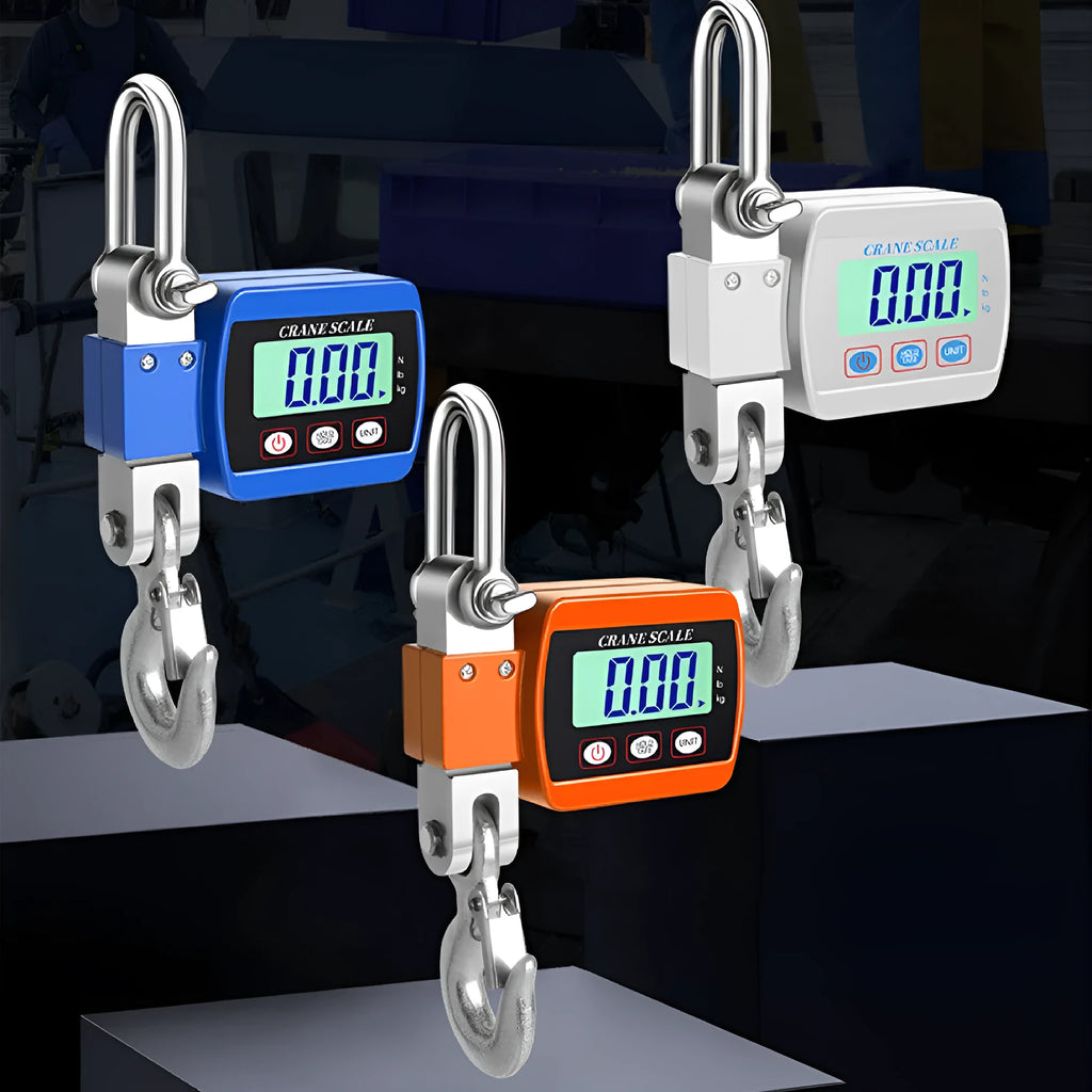 Digital hook scale electronic display with 500kg capacity shown in blue, orange, and white colour options