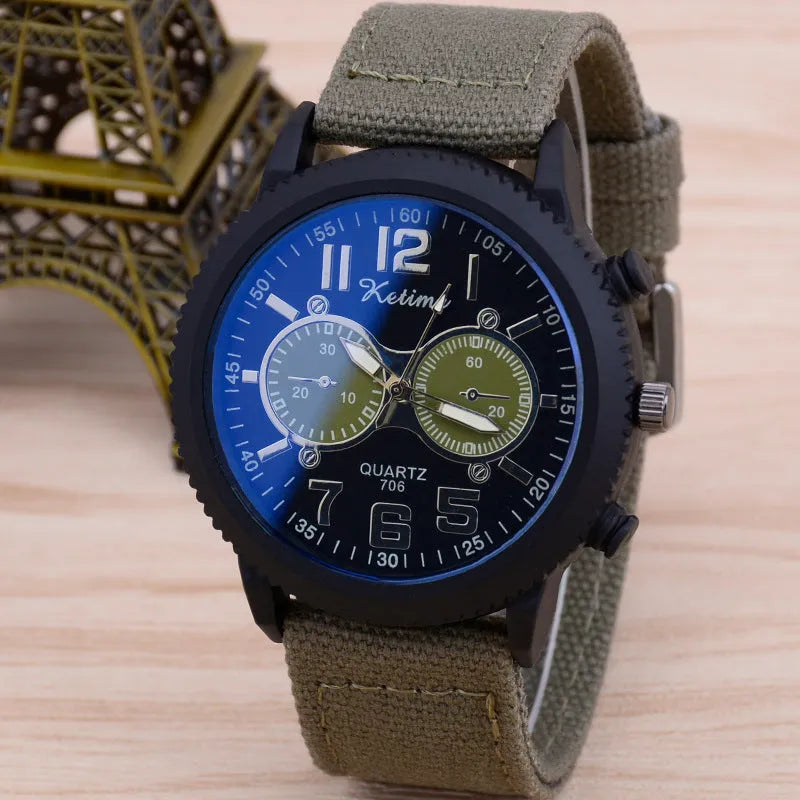 Men's fashion wristwatch with cloth band, quartz movement, 48mm zinc alloy dial, pointer display
