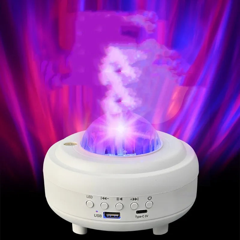 White Galaxy Star Projector Night Light on a table projecting blue starry sky onto a ceiling.