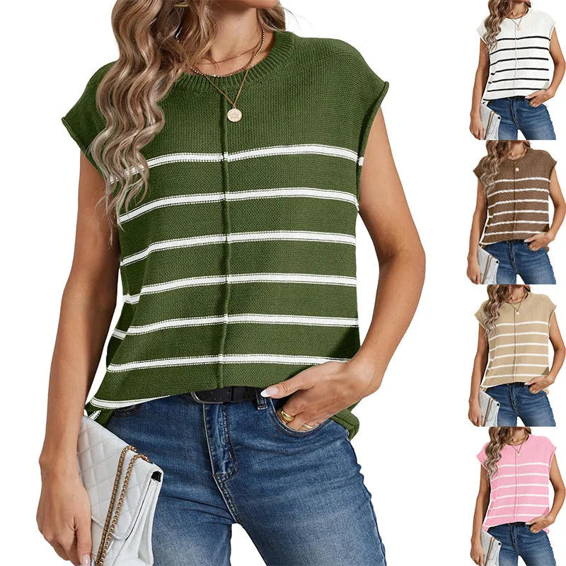 Women's striped sleeveless vest pullover top in apricot colour showing bone stitch detail.