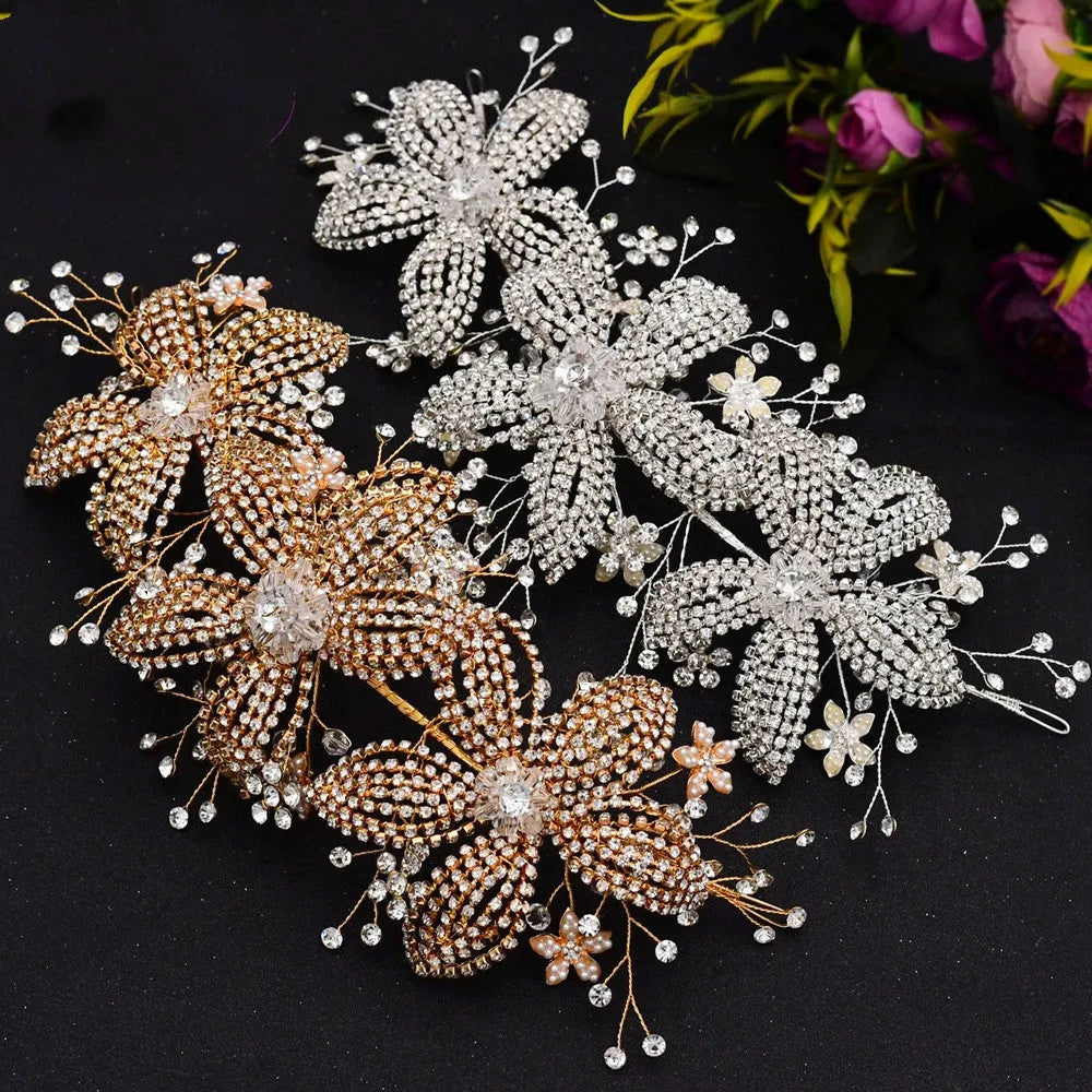 Silver bridal flower rhinestone hair band with plaid pattern on alloy headband