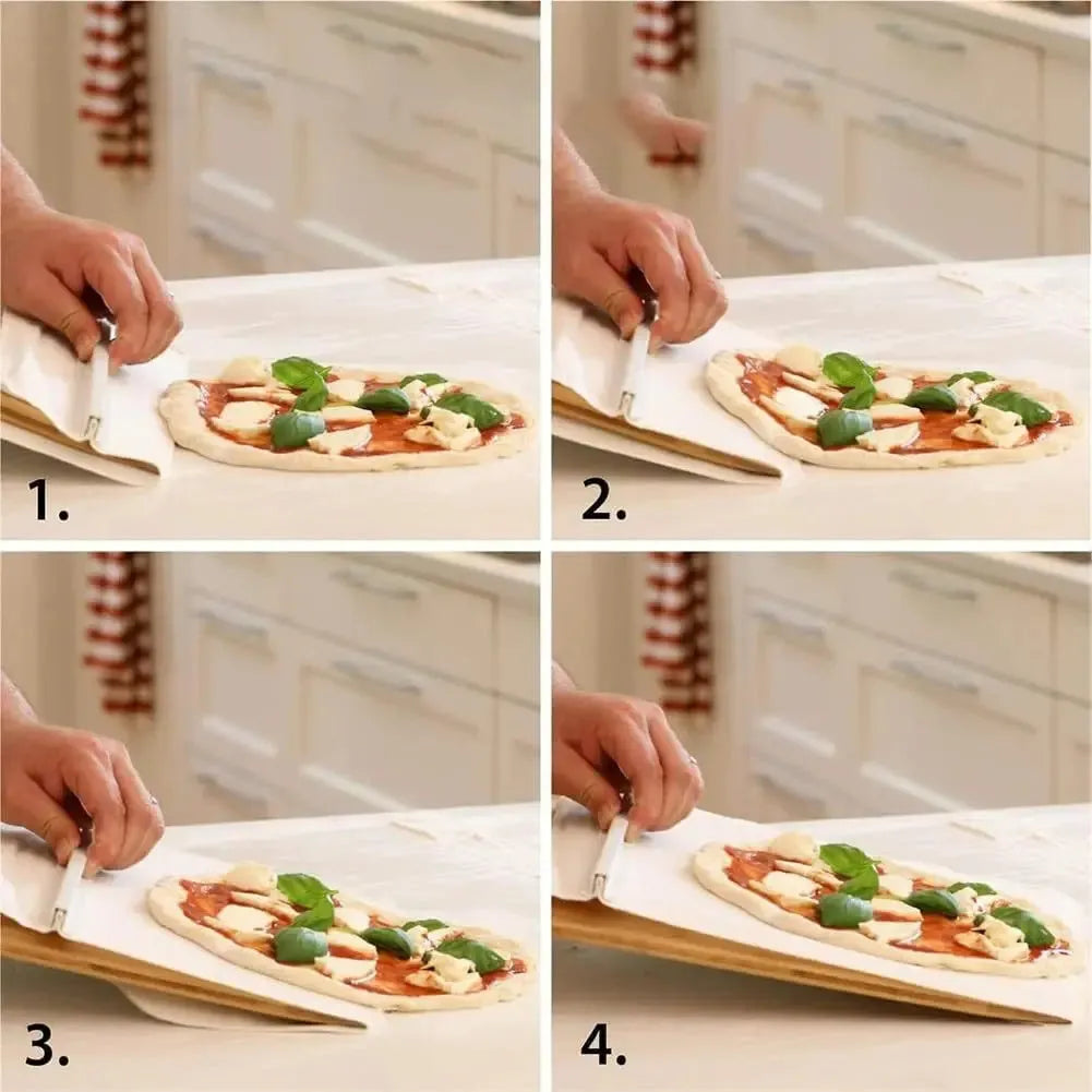 Wooden pizza shovel with cutting board surface and hanging hole at handle