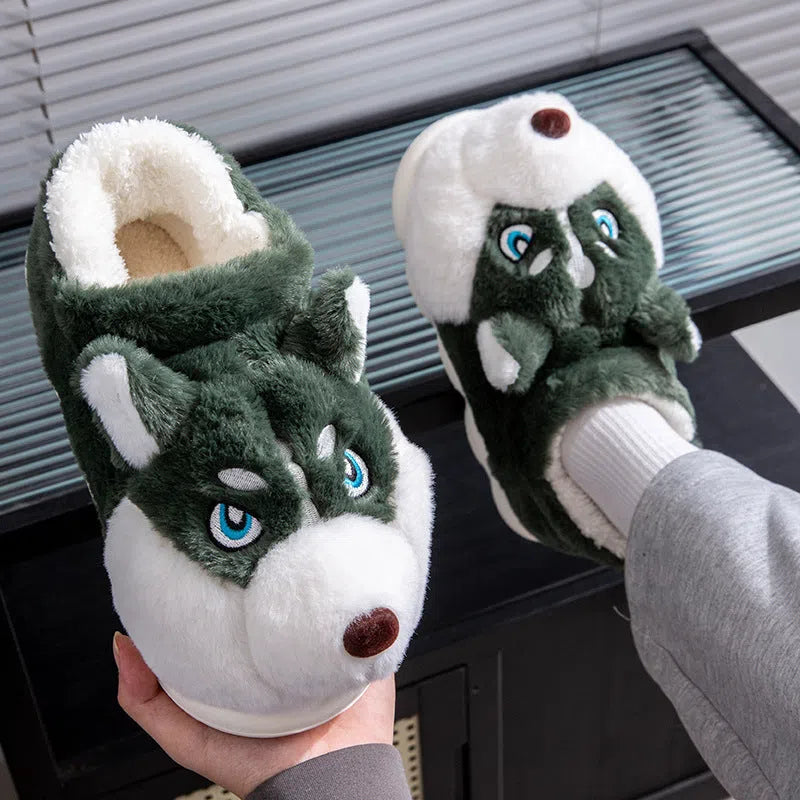 Cute Husky cartoon pure cotton slippers for men and women, warm indoor winter footwear in dark gray