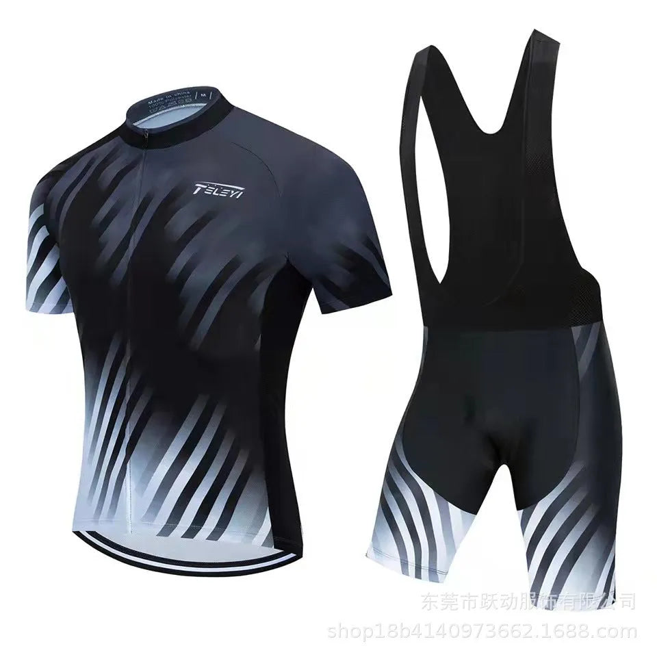 Cycling jersey and shorts set for summer road and mountain bike riding with moisture wicking properties