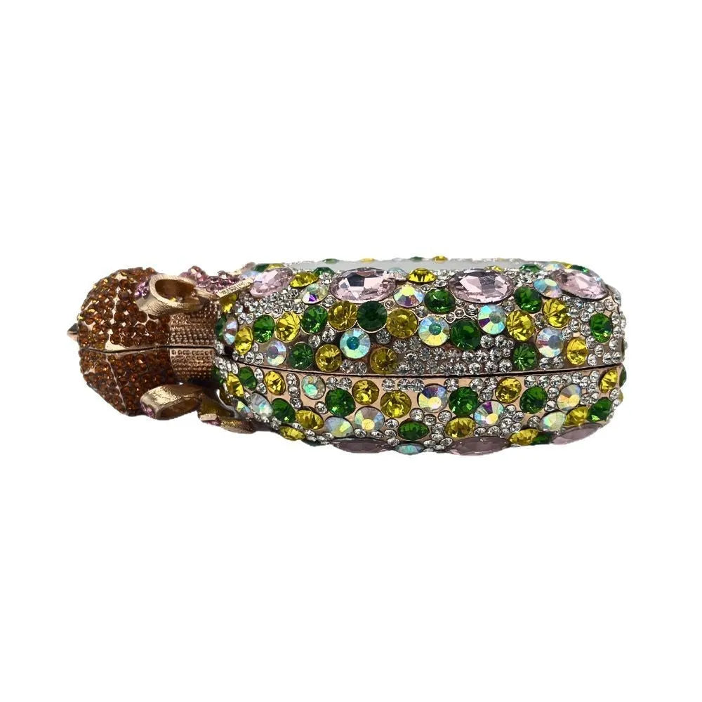 Hard alloy women's clutch bag with full diamond detailing and three-dimensional pocket design
