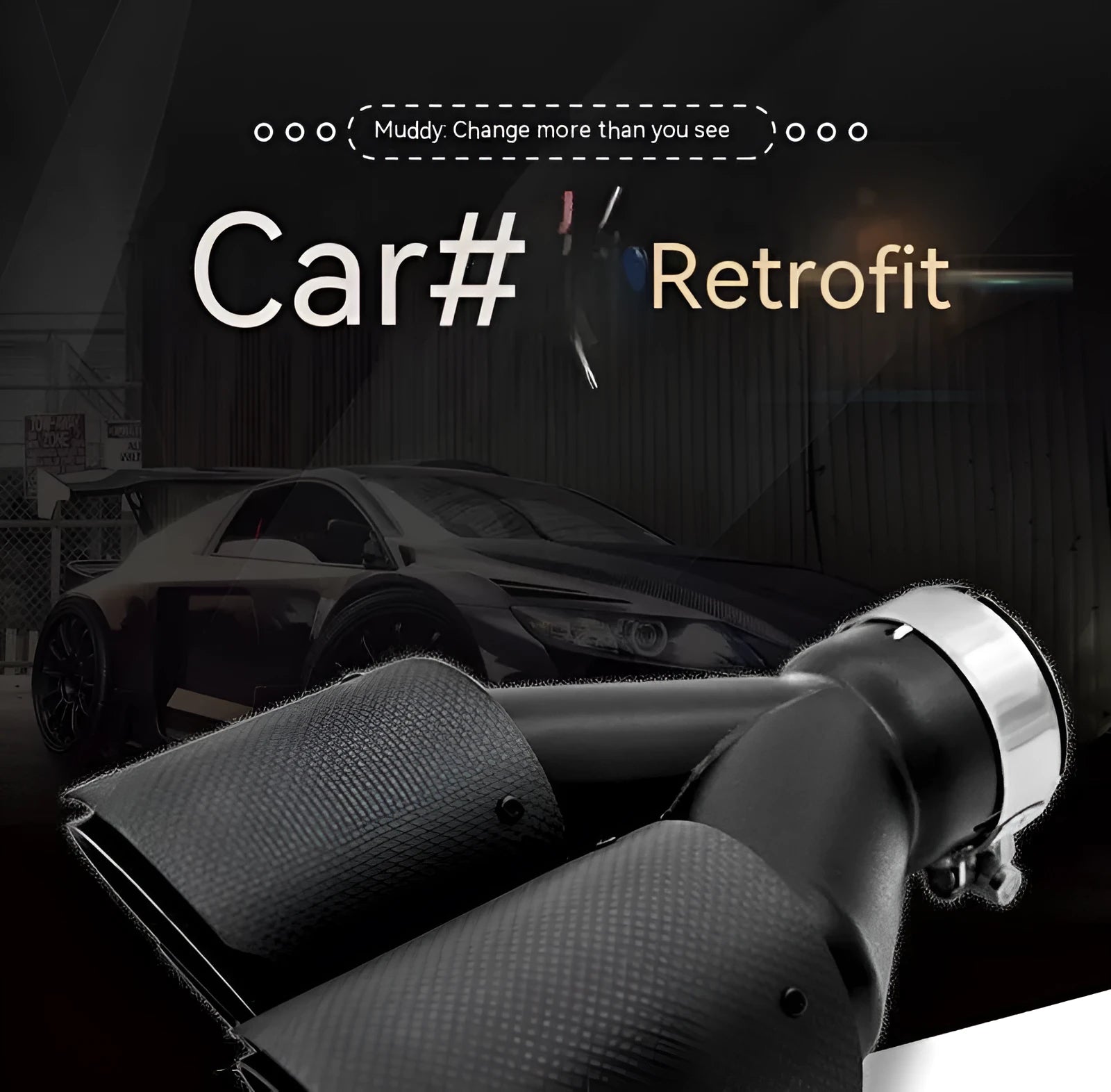 Black carbon fibre car exhaust pipe with dual outlet tail nozzle, 250mm length
