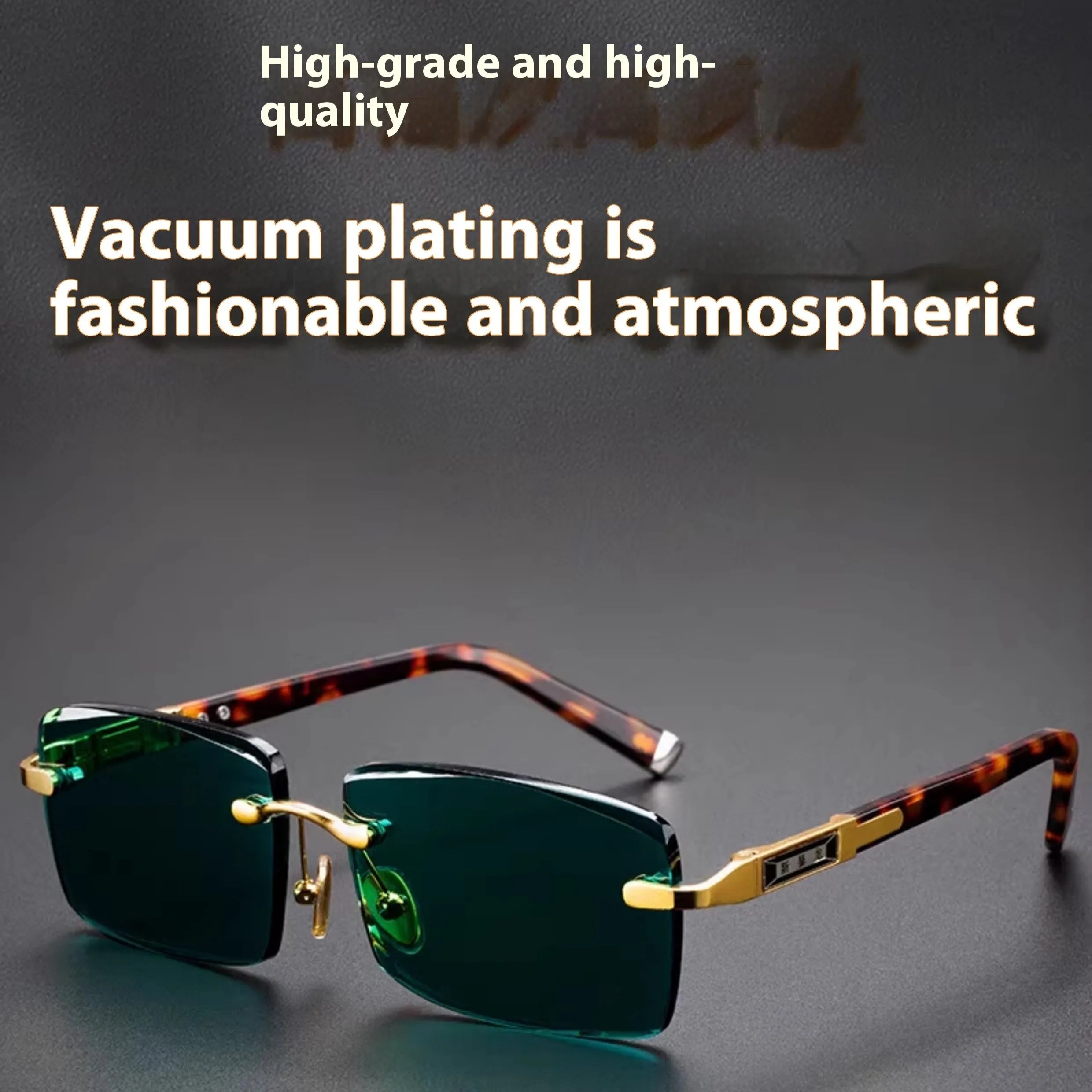 A pair of frameless sunglasses with dark green crystal lenses, shown with a hard protective case and a microfibre cleaning cloth.