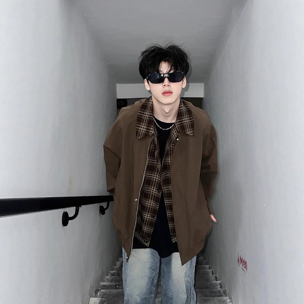 Men's fake two-piece jacket in black or brown, loose fit, long sleeves, side seam pockets, polyester