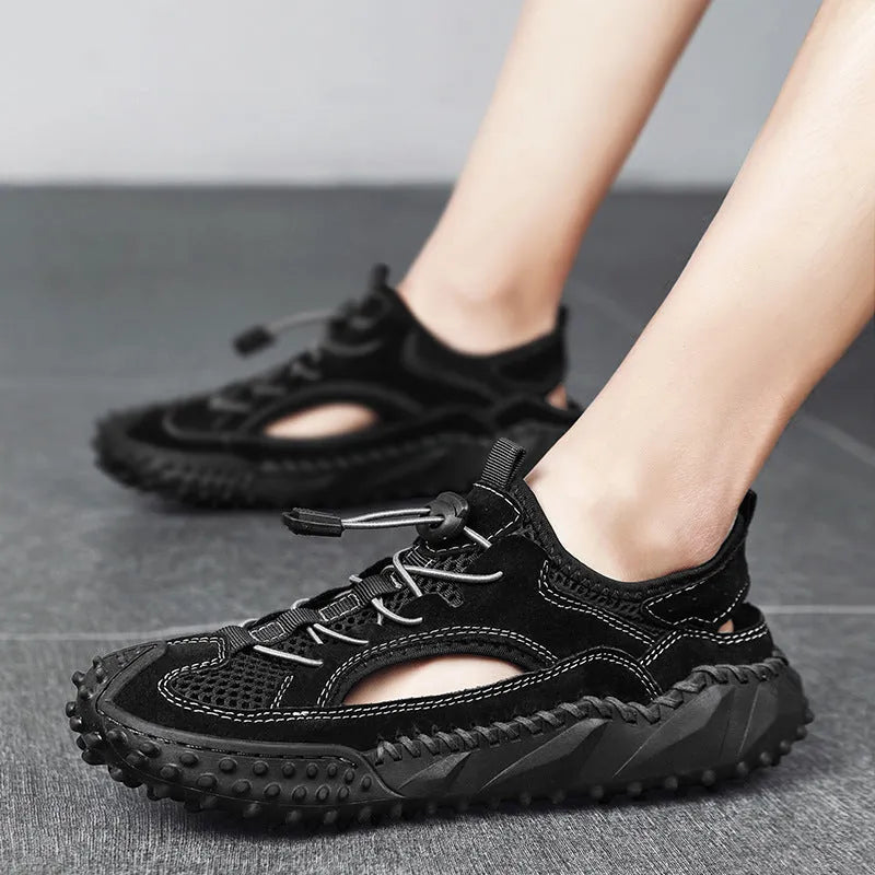 Men's waterproof sports sandals with leather mesh uppers, rubber soles, and elastic band closure in black, grey, or khaki