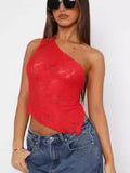 Women's slim fit lace backless sleeveless vest in a solid colour with an asymmetrical neckline.