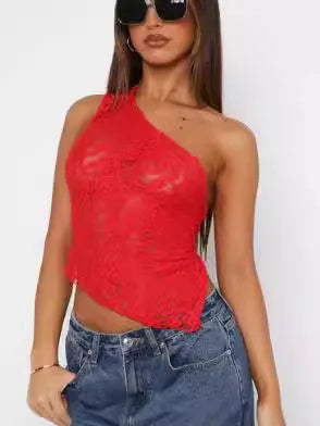 Women's slim fit lace backless sleeveless vest in a solid colour with an asymmetrical neckline.