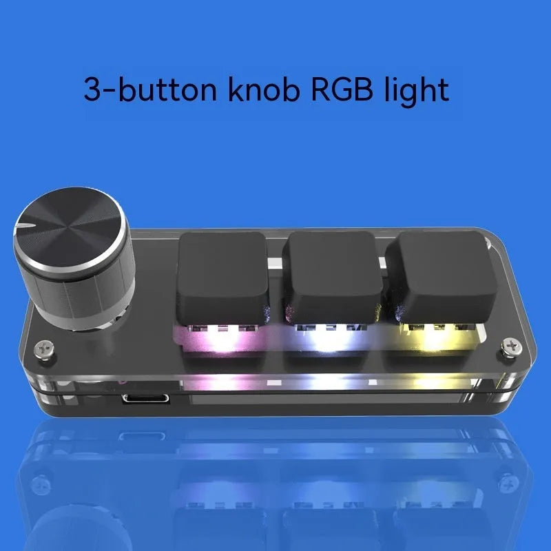 Black and white programmable macro keyboard with RGB backlight showing 15cm size next to USB cable