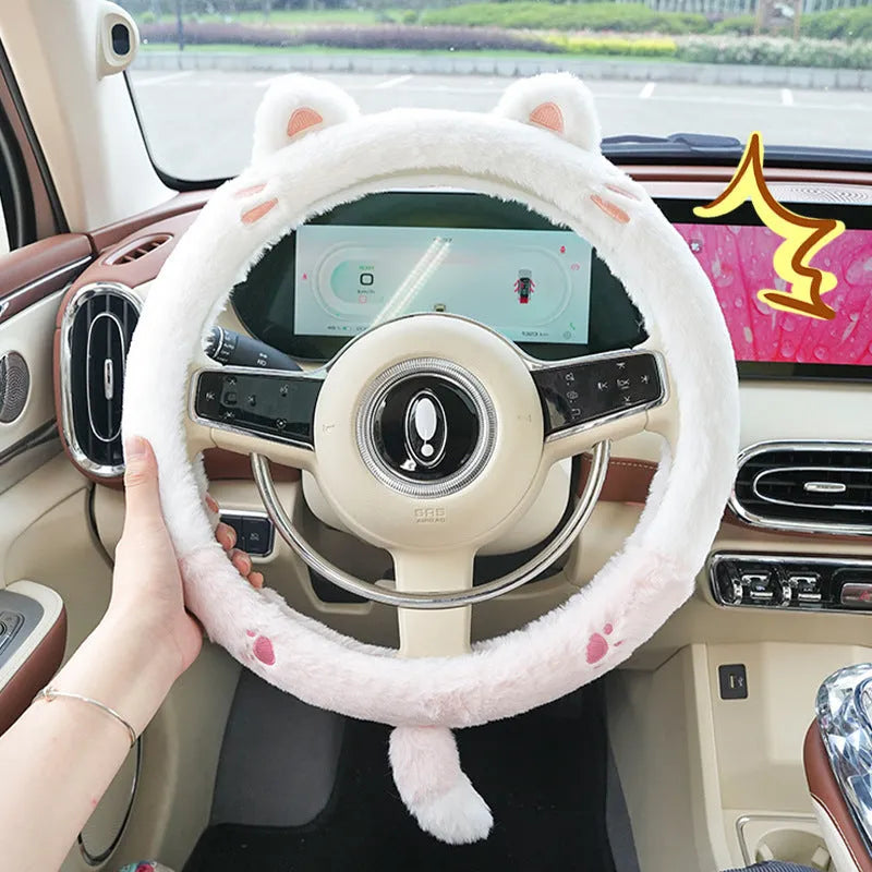 Rabbit fur plush steering wheel cover with embroidered panda, fitted on a 38cm car steering wheel.