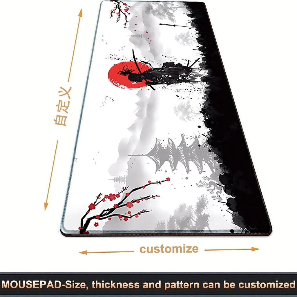 Japanese samurai design cloth gaming mouse pad on a desk with a gaming mouse.