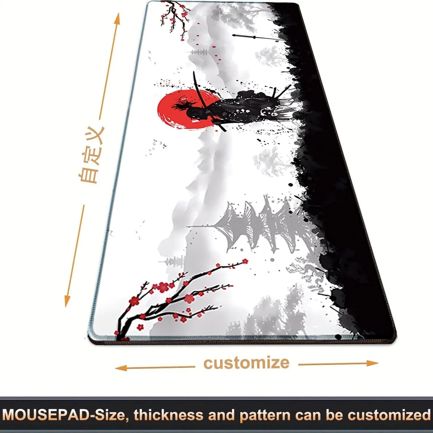 Japanese samurai design cloth gaming mouse pad on a desk with a gaming mouse.