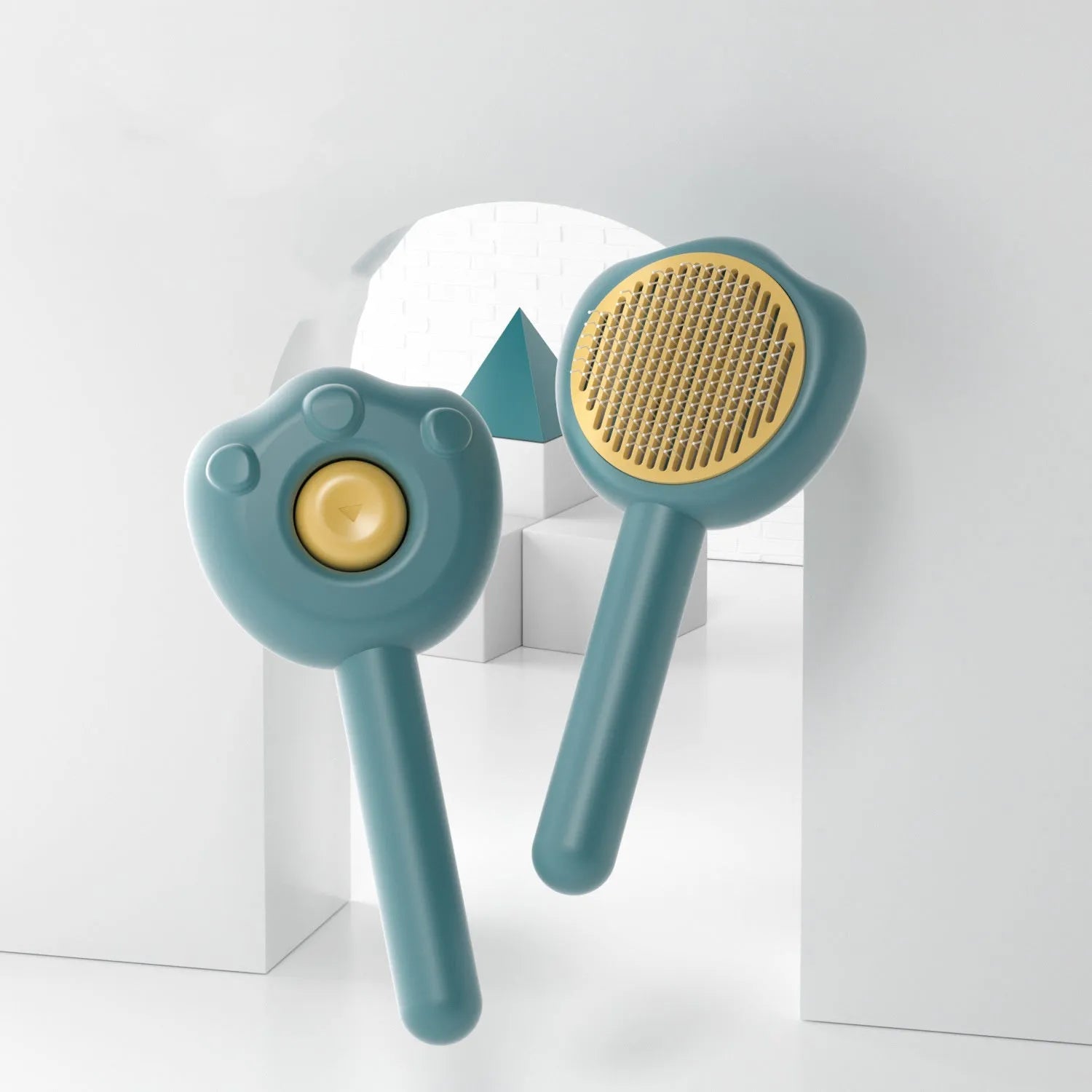 Pet grooming comb with self-cleaning mechanism in blue, green, and yellow colour options