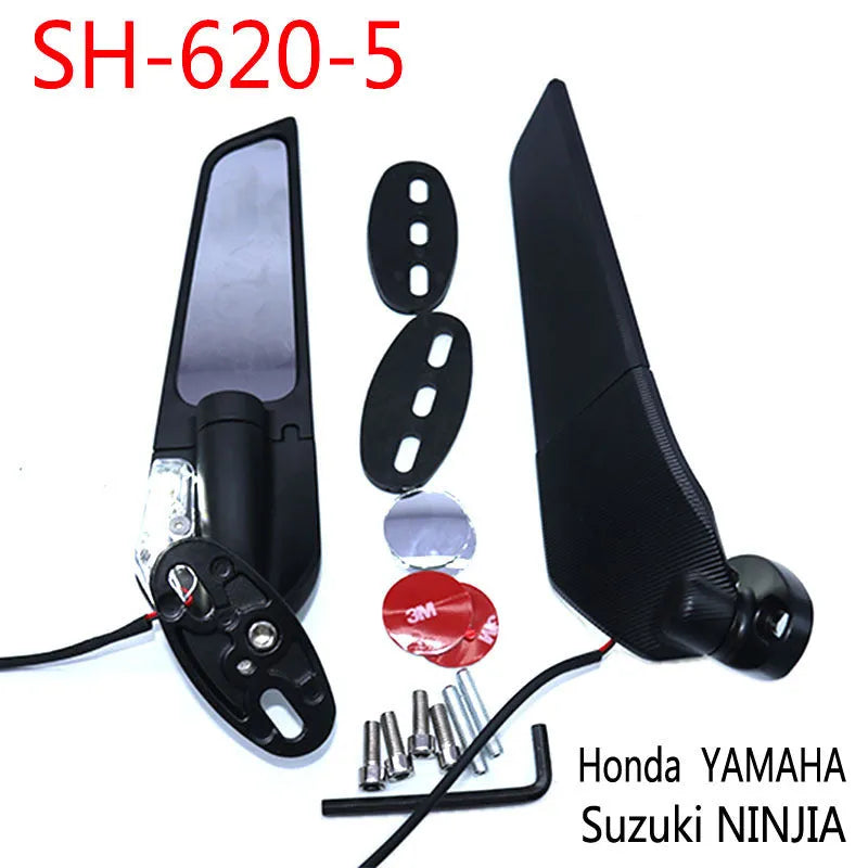 Pair of yellow SH-620-5 aluminium alloy motorcycle mirror spoilers with convex glass and integrated running lights