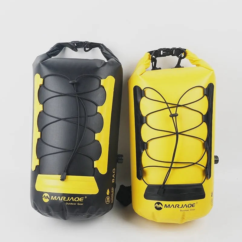 Yellow and black waterproof PVC backpack with dry wet separation compartments and 20 litre capacity for outdoor water sports