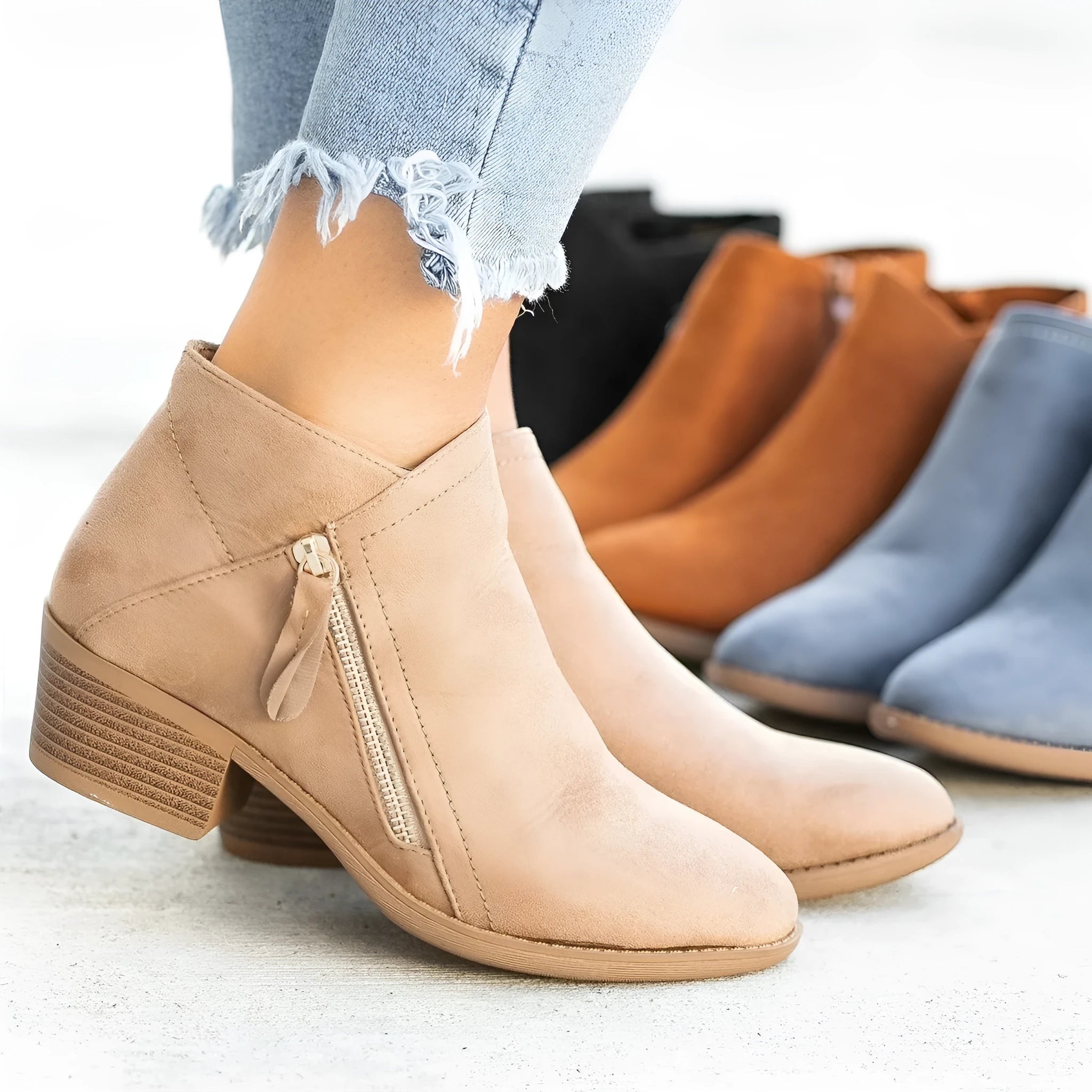 Women's suede ankle boots with side zip and chunky heel in beige, black, blue or orange colours