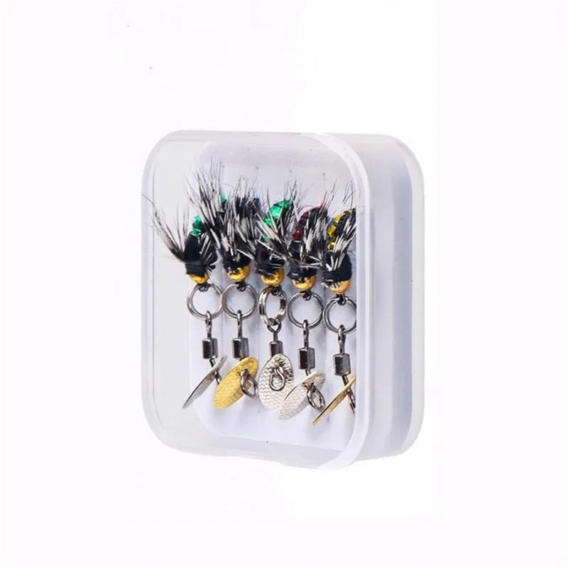 Five bionic poison mosquito fishing hooks with spinning sequins in multicolour patterns