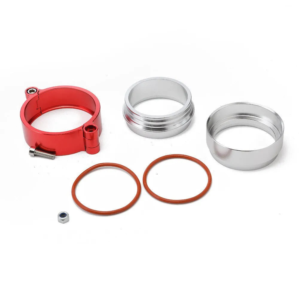 Aluminium fixed movement clamp for car turbo exhaust, in red, showing its one-piece construction.