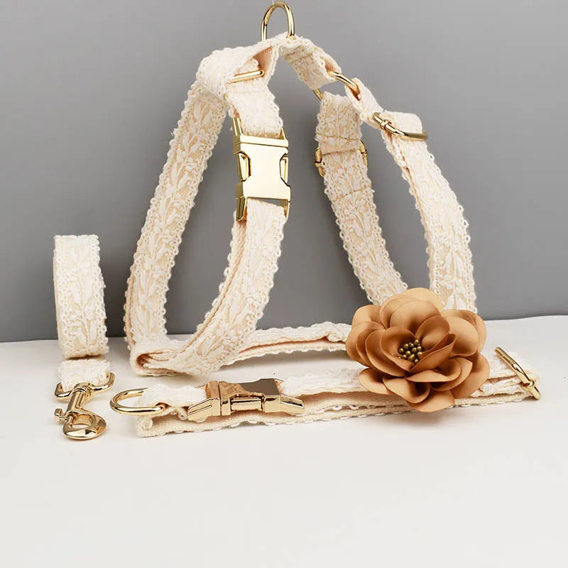 Leaves and lace pattern dog wedding collar and leash set with vest and floral accessories on a white background.